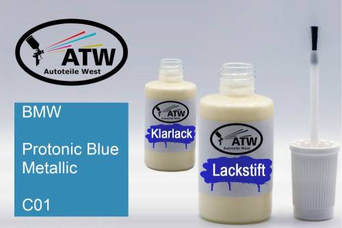 BMW, Protonic Blue Metallic, C01: 20ml Lackstift + 20ml Klarlack - Set, von ATW Autoteile West.